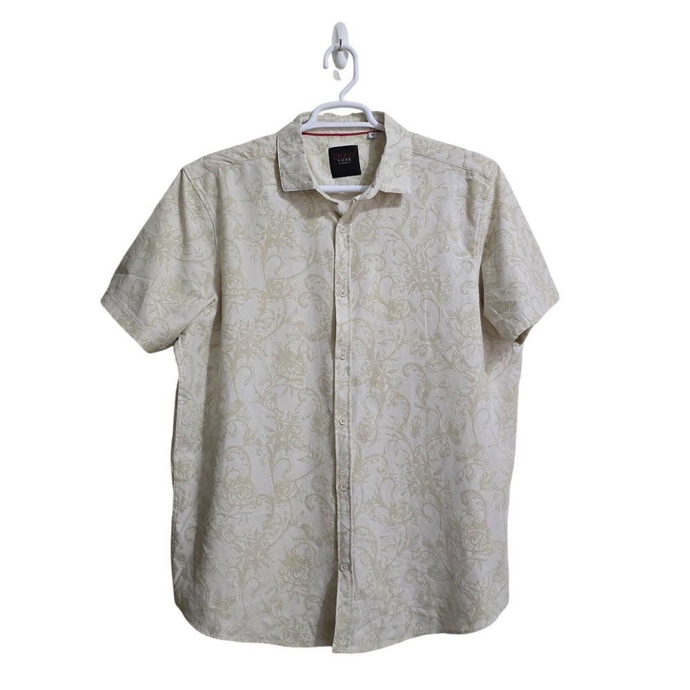 Bruno Luxe Floral Jacquard Short Sleeve Casual Button Down in Cream Sz XL